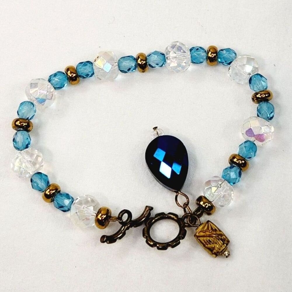 Cottagecore Beaded Bracelet 7" Aurora Borealis Clear and Blue Glass Fairycore